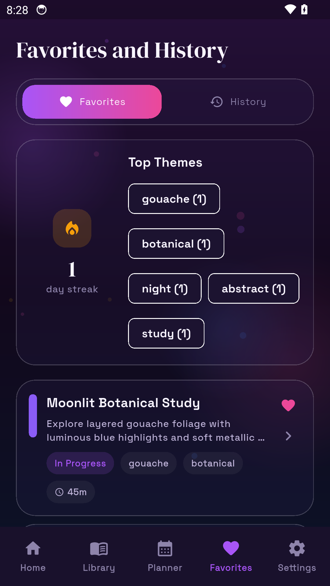 Favorites and history screen